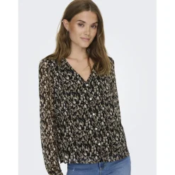 Top poignets boutonnés col en v manches longues noir Gwen
