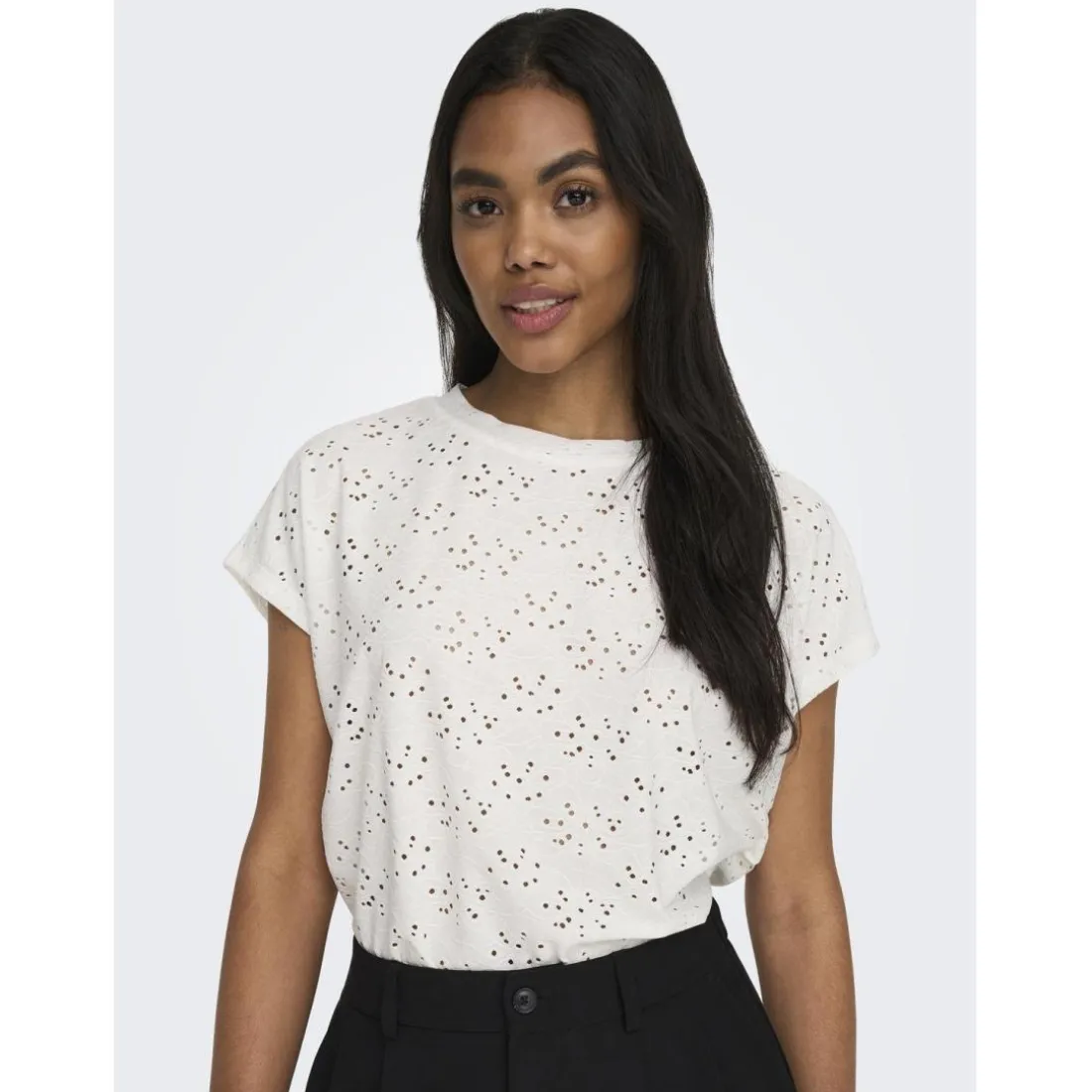 Top poignets repliés col rond manches courtes blanc Lena