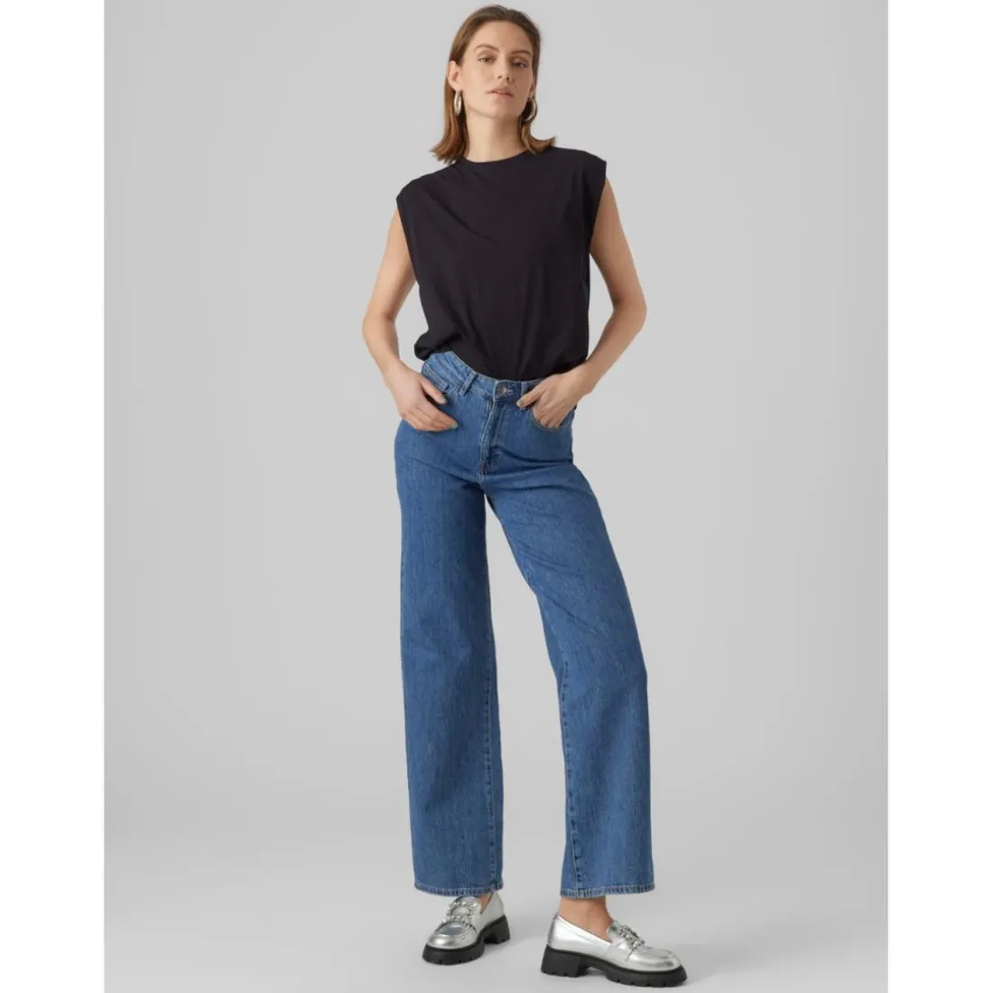 Top Regular Fit Col rond Sans manches Longueur regular noir en coton