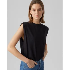 Top Regular Fit Col rond Sans manches Longueur regular noir en coton