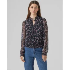 Top Regular Fit Imprimé all over Col en V Manches longues Court noir