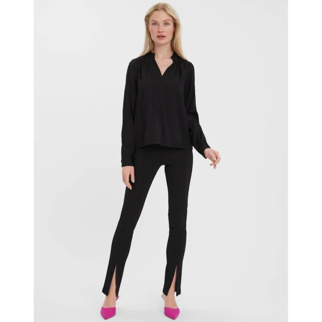 Tops Loose Fit Col en V Manches longues noir