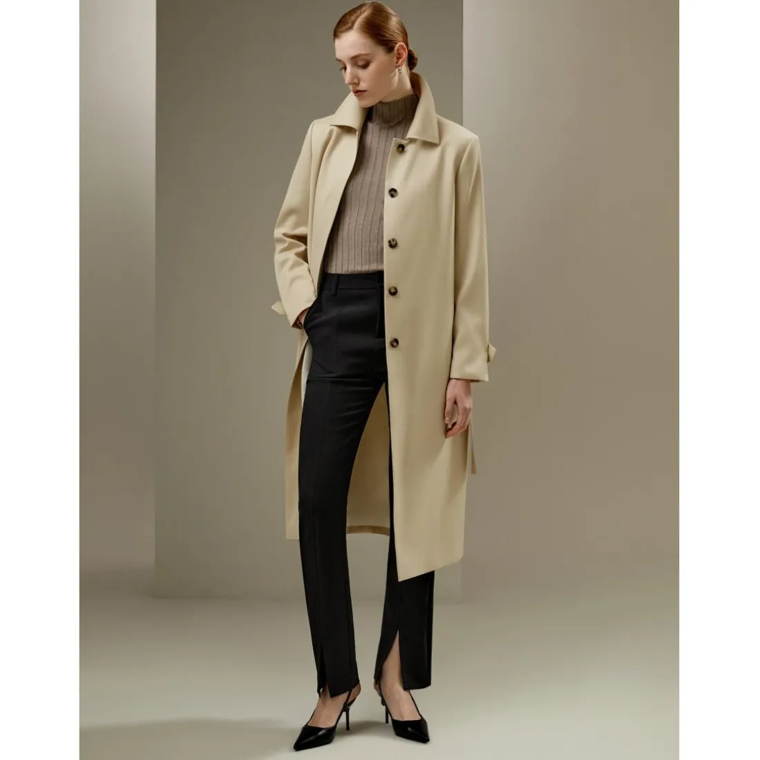 Trench-coat classique hydrofuge kaki en soie