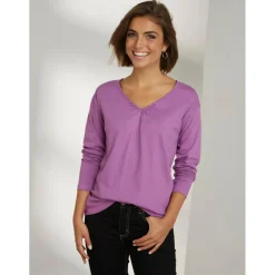 T-shirt à manches longues et col en V avec encolure froncée violet