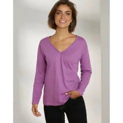 T-shirt à manches longues et col en V avec encolure froncée violet