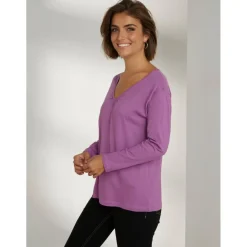 T-shirt à manches longues et col en V avec encolure froncée violet
