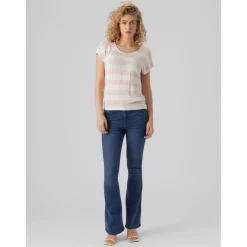 T-shirt Boxy Fit Rayures Col rond Manches courtes Ourlet bas beige rose en viscose