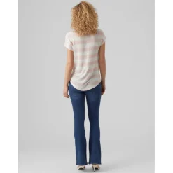 T-shirt Boxy Fit Rayures Col rond Manches courtes Ourlet bas beige rose en viscose