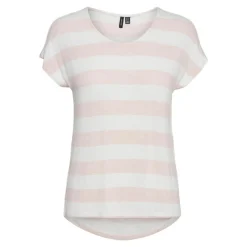 T-shirt Boxy Fit Rayures Col rond Manches courtes Ourlet bas beige rose en viscose
