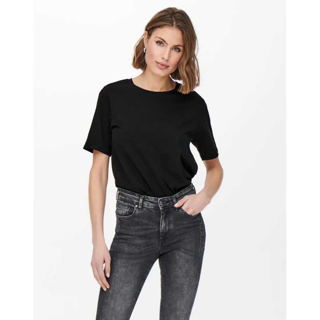 T-shirt Col rond Manches courtes noir en coton Amy