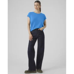 T-shirt longueur regular col rond épaules tombantes manches courtes turquoise Nora en coton