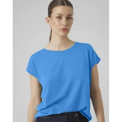 T-shirt longueur regular col rond épaules tombantes manches courtes turquoise Nora en coton
