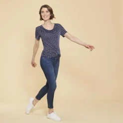 T-shirt manches courtes imprimé pois bleu marine