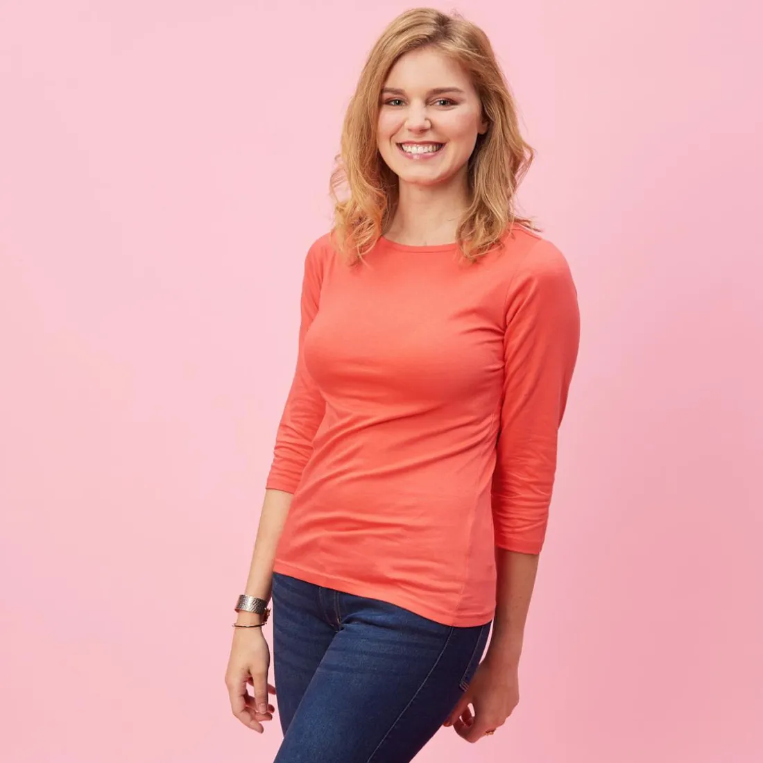 T-shirt uni à manches 3/4 - Rose orange en coton