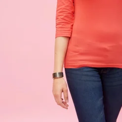 T-shirt uni à manches 3/4 - Rose orange en coton