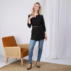 Tunique unie asymétrique manches 3/4 et ceinture femme - Noir