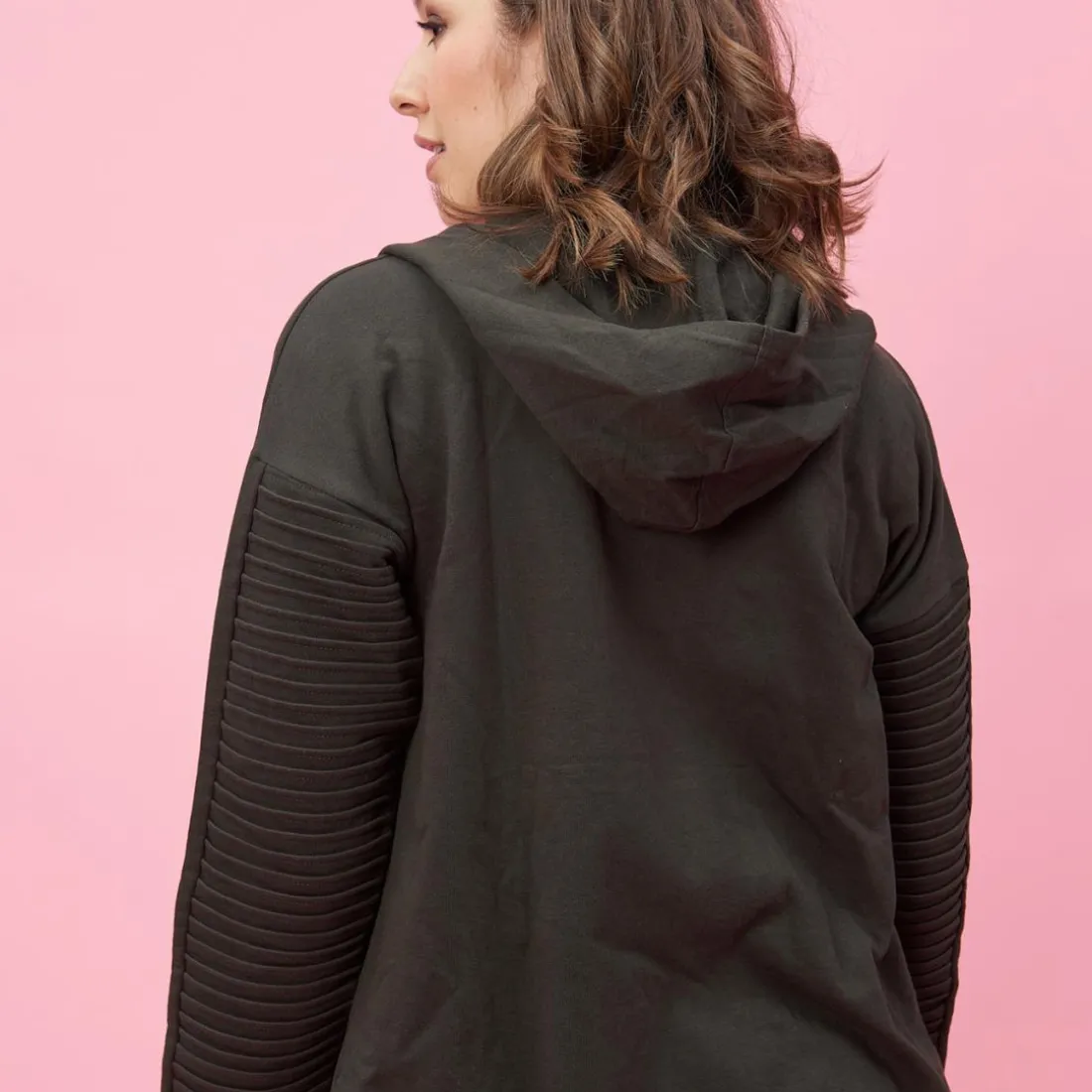 Veste à capuche manches longues bas en pointes devant grandes tailles femme - Vert Foncé