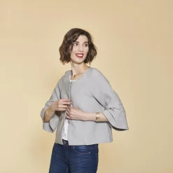 Veste à pressions manches 3/4 évasées femme - Gris Chiné Clair