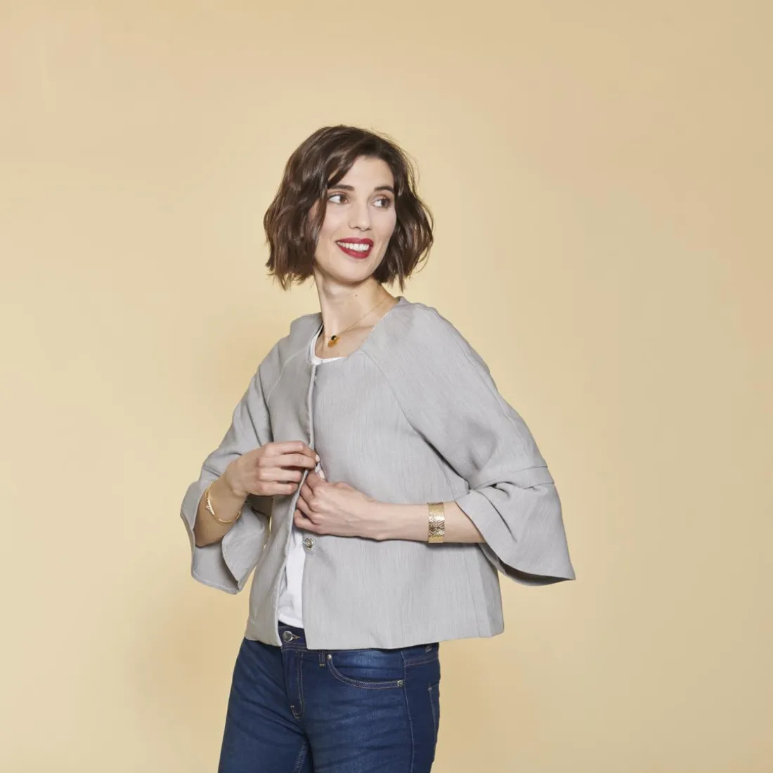 Veste à pressions manches 3/4 évasées femme - Gris Chiné Clair