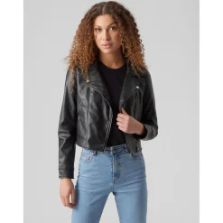 Veste de motard en simili-cuir Col motard Manches longues noir Trix