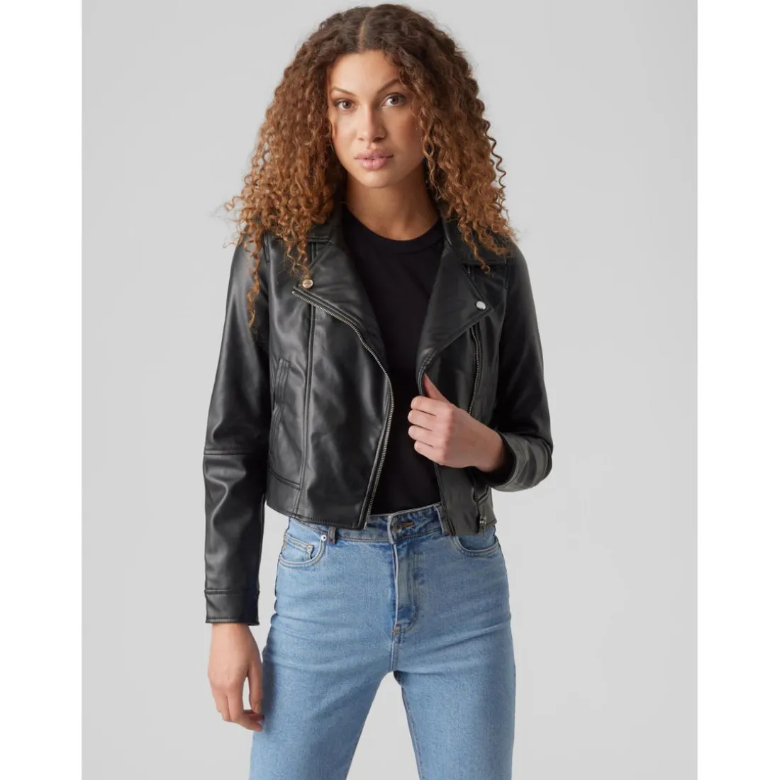 Veste de motard en simili-cuir Col motard Manches longues noir Trix