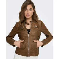 Veste de motard en simili-cuir marron