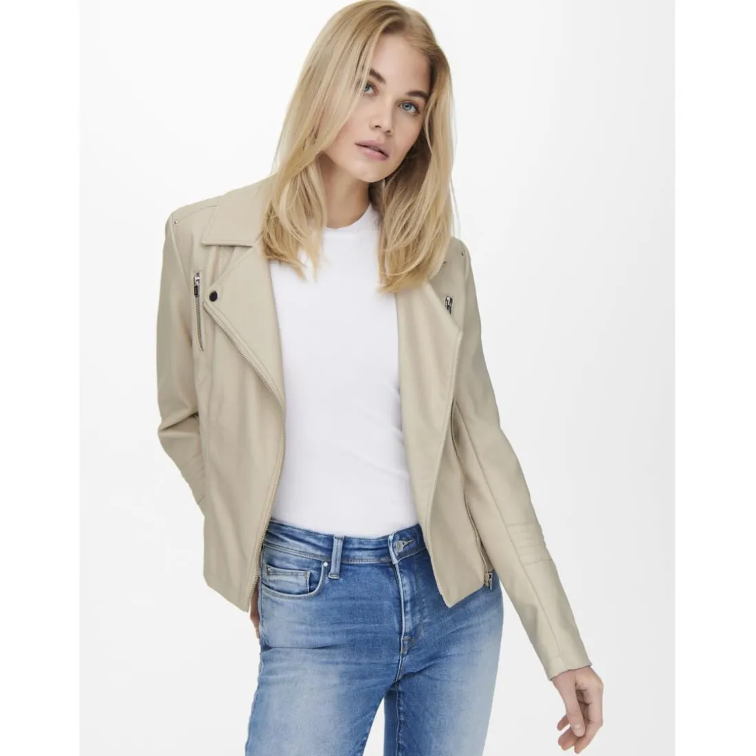 Veste en cuir synthétique court col à revers gris clair Ines
