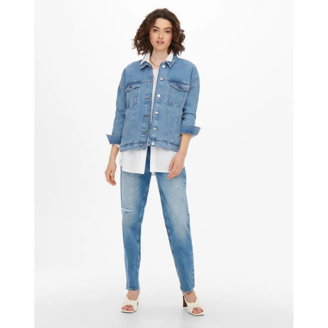 Veste en jean Col en V Manches longues Poignets boutonnés bleu