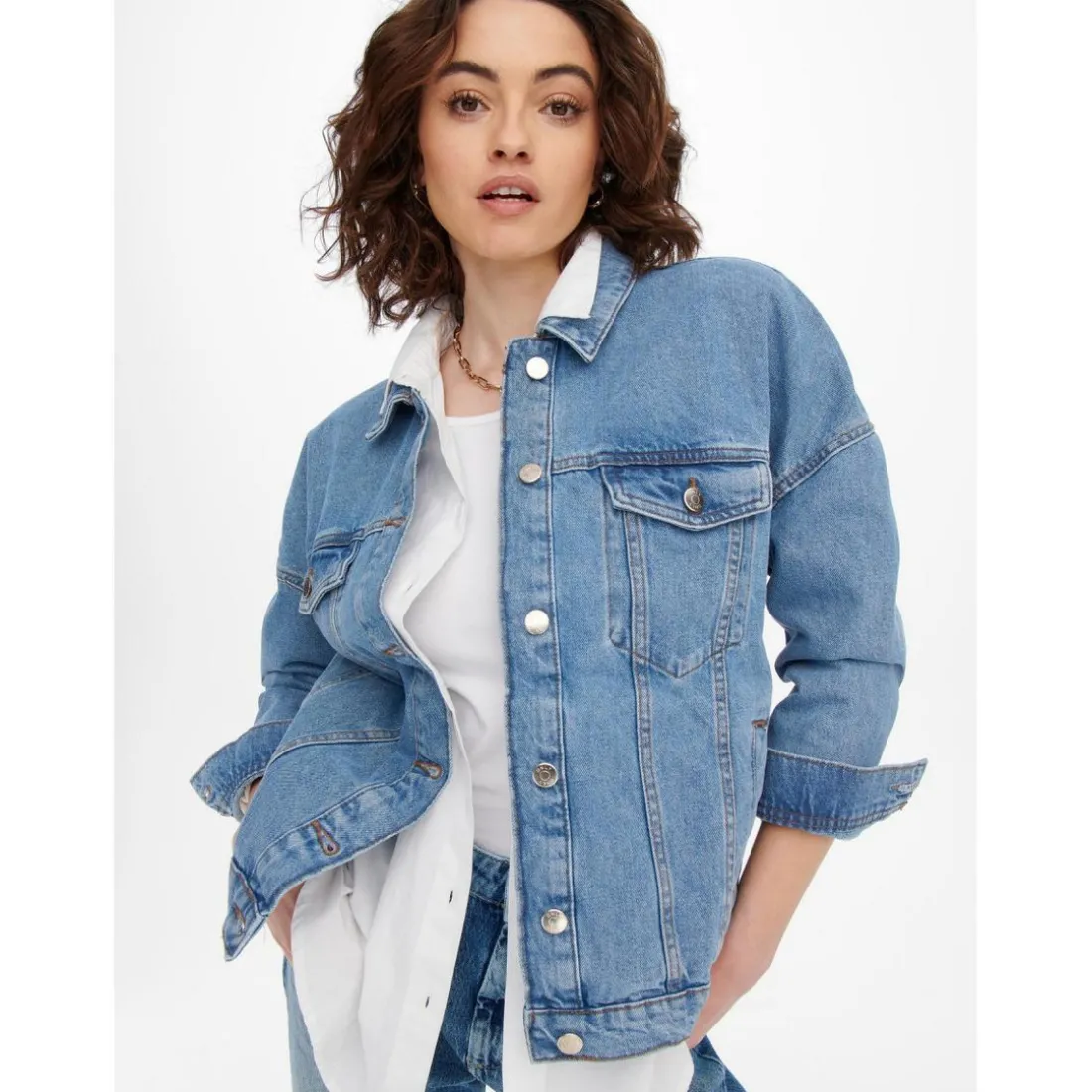 Veste en jean Col en V Manches longues Poignets boutonnés bleu