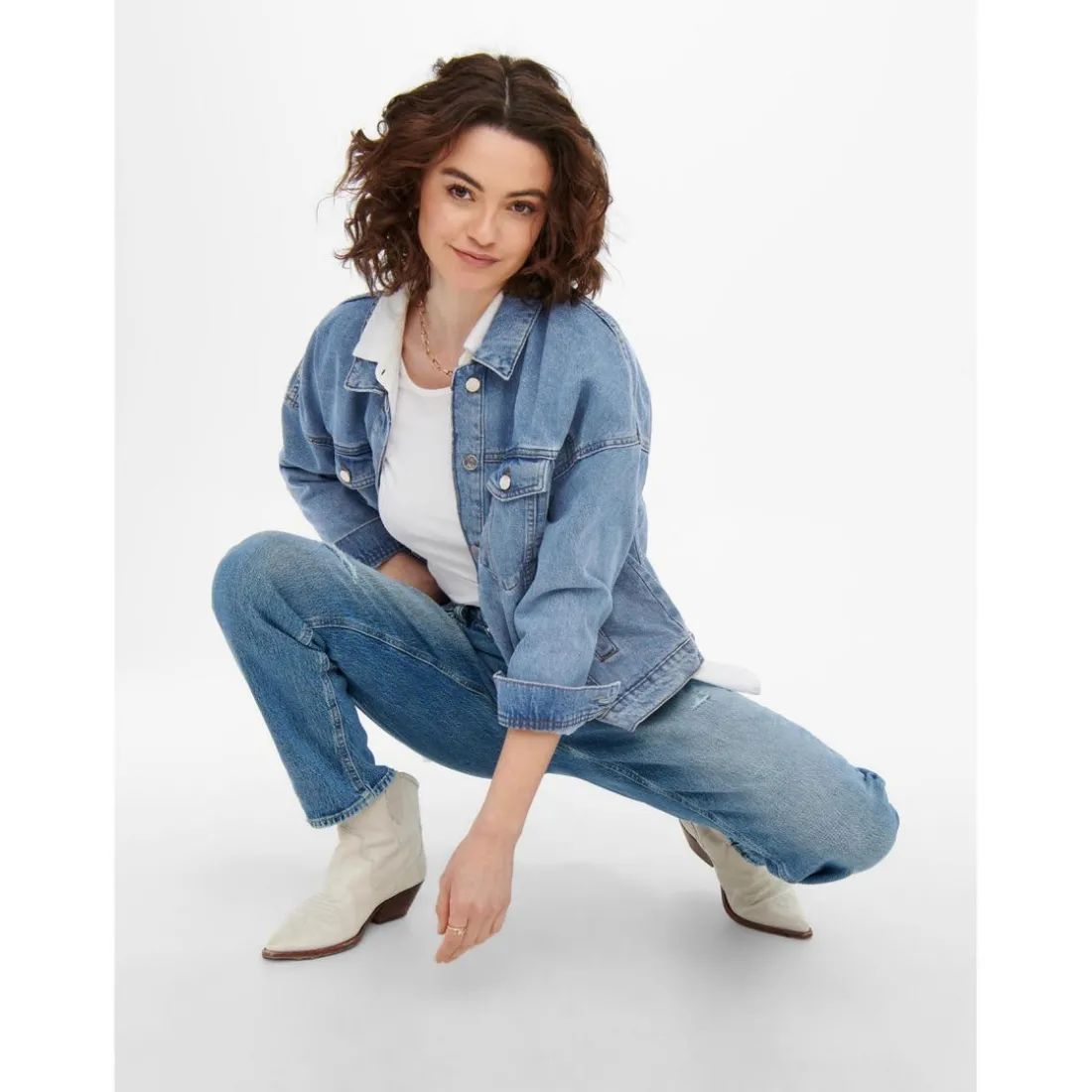 Veste en jean Col en V Manches longues Poignets boutonnés bleu