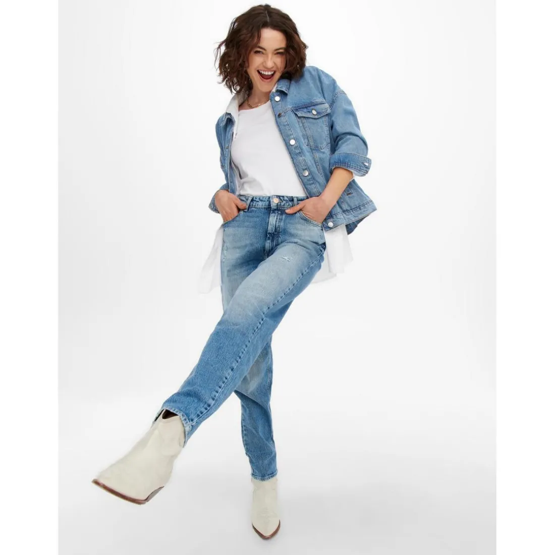 Veste en jean Col en V Manches longues Poignets boutonnés bleu