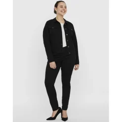 Veste en jean fermeture par bouton court poignets boutonnés col italien manches classiques manches longues noir Ula