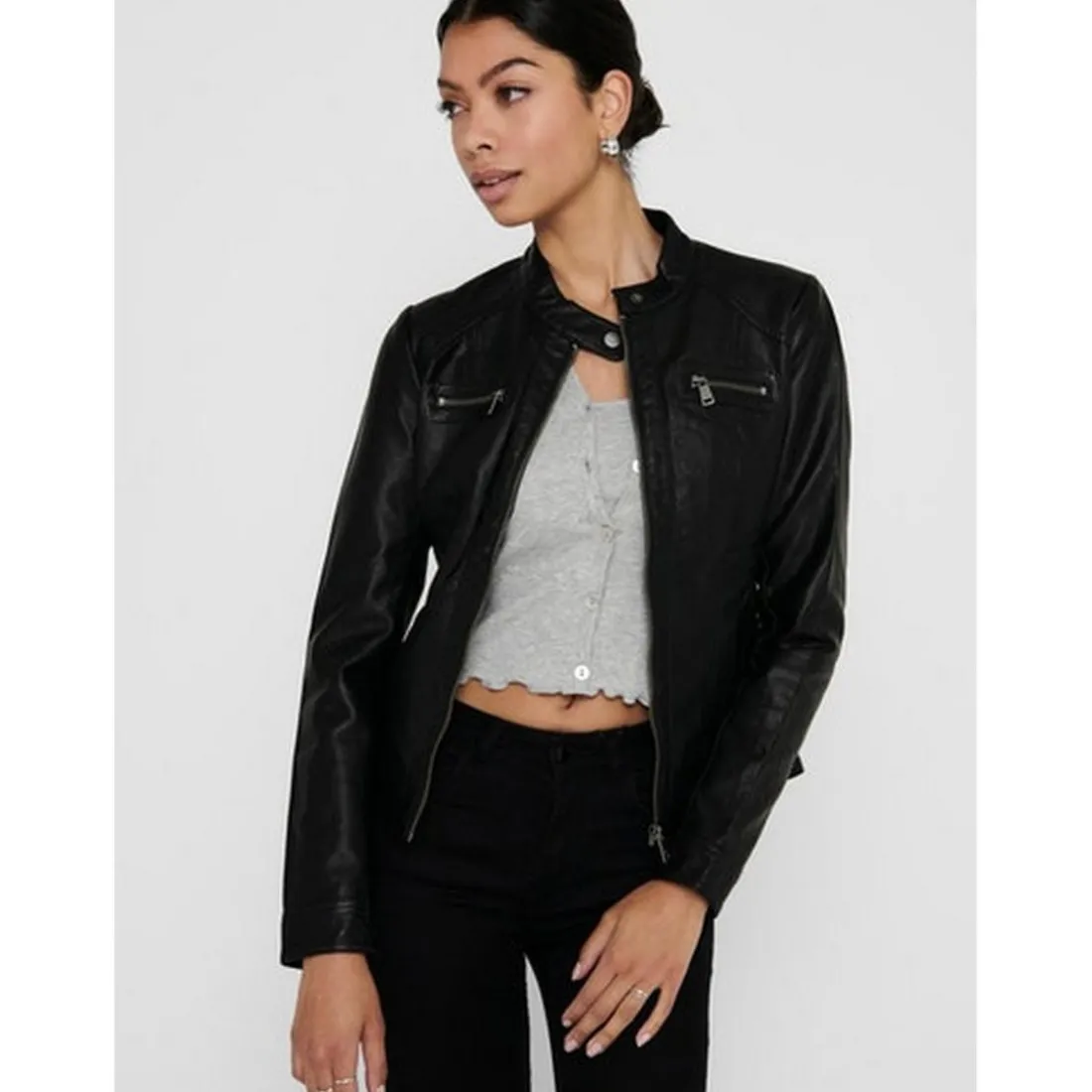 Veste en similicuir Col motard Manches longues Détail matelassés noir Trix