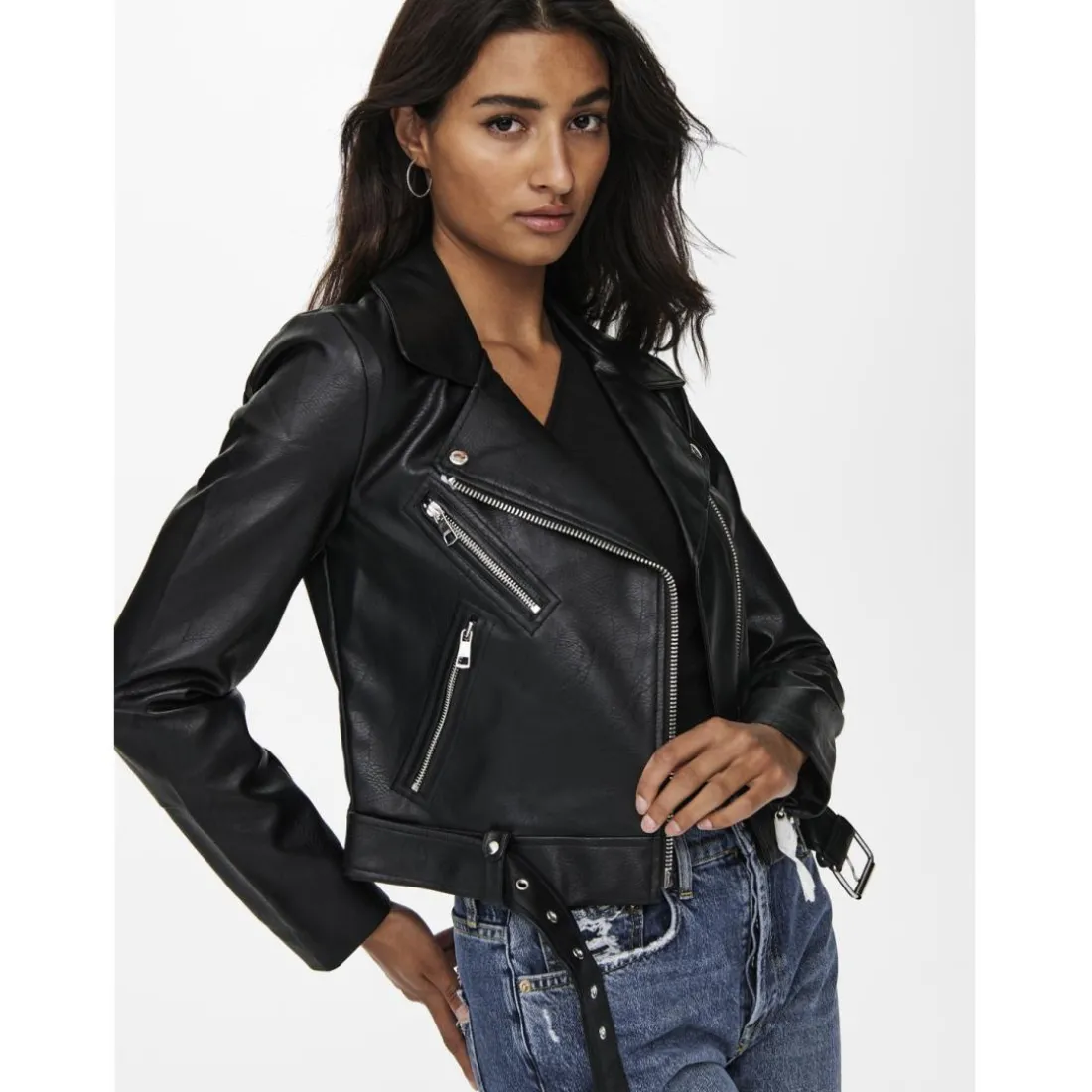 Veste en similicuir col motard noir Maud