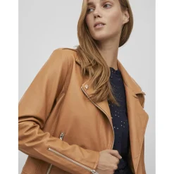 Veste motard poignets zippés marron en viscose
