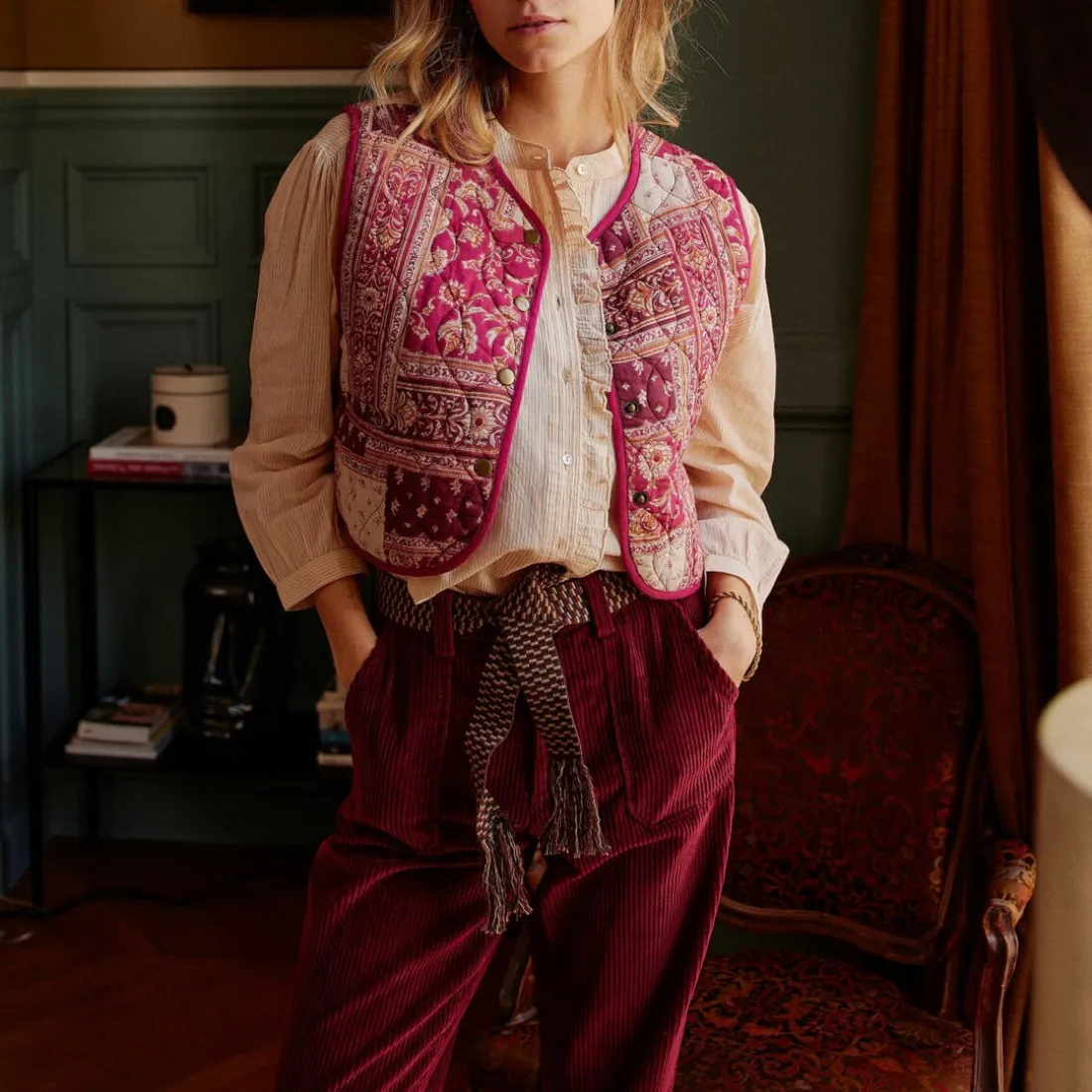 Veste Sans Manches MAXINE - Patchwork bordeaux en coton