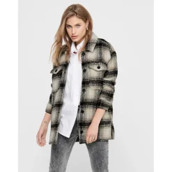 Veste-chemise longue Carreaux Col à revers Manches longues beige