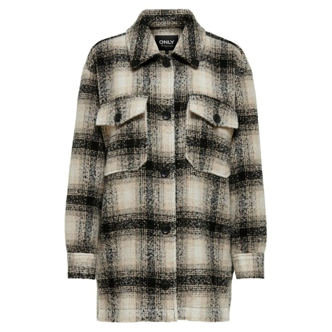 Veste-chemise longue Carreaux Col à revers Manches longues beige