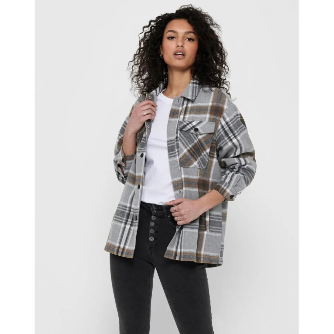 Veste-chemise longue Carreaux Col italien Manches longues marron gris