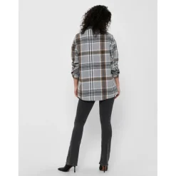 Veste-chemise longue Carreaux Col italien Manches longues marron gris