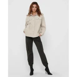 Veste-chemise longue Col italien Manches longues beige en coton
