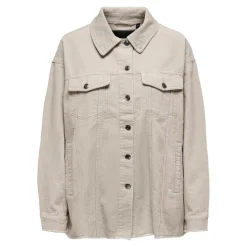 Veste-chemise longue Col italien Manches longues beige en coton